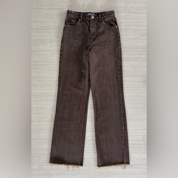 Zara Denim - Zara brown washed high waist straight leg raw hem women’s jeans size 4